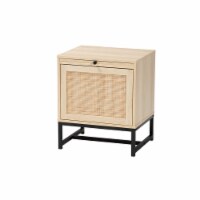 Caterina Natural Brown Finished Wood and Natural Rattan 1-Door End Table with Pull-Out Shelf
