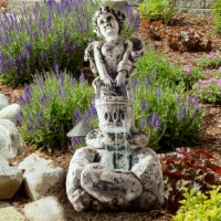 Outdoor Water Fountain With LED Lights, Lighted Cherub Angel Fountain With Antique Stone