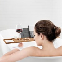 Bamboo Bath Caddy-Natural Wood Bathtub Tray with Extending Sides, Secure Cupholders and