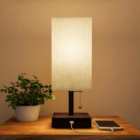 USB Rectangle Lamp with Wood Base-Modern Desk Light, LED Bulb Included, USB Port for Living