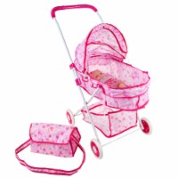 Pretend Play Toy Pram for Baby Dolls- Foldable, Pink Carriage with Diaper Bag Stroller