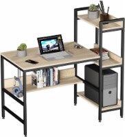 Bestier Computer Office Desk Workstation with Side Storage Shelves & Hook, Oak