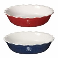 Emile Henry 9  Round Classics Ceramic 1.7 Quart Pie Dish Pan, Red/Blue (2 Pack)