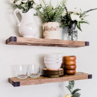 Willow & Grace Dennis 24 Inch Floating Wood Wall Mount Shelves, Walnut (2 Pack)