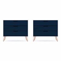 Manhattan Comfort Rockefeller 3 Drawer Nightstand, Tatiana Midnight Blue (2 Pk)