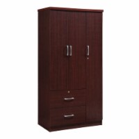 Hodedah Import 3 Door Armoire with Clothing Rod, Shelves, & 2 Drawers, Mahogany