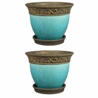 Southern Patio Cadiz 8 Crackled Ceramic Planter Pot with Saucer, Teal (2 Pack)