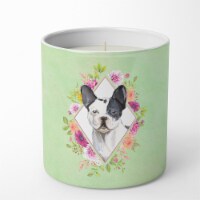 Black and White Frenchie Green Flowers 10 oz Soy Candle CK4420CDL