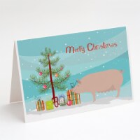 English Large White Pig Christmas Greeting Cards and Envelopes Pack of 8, Teal