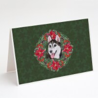 Siberian Husky #2 Poinsetta Wreath Greeting Cards and Envelopes Pack of 8