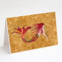 Ginger Red Headed Mermaid on Gold Greeting Cards and Envelopes Pack of 8