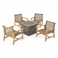 Noble House Breakwater Outdoor 5 Piece  Wicker Club Chairs & Fire Pit Set Gray