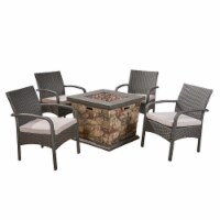 Noble House Cordoba 5 Piece Outdoor Wicker Chair and Firepit Set in Gray