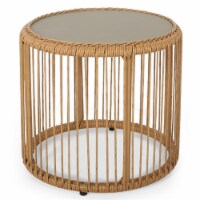Noble House Pabrico Outdoor Tempered Glass Top Wicker Side Table in Light Brown