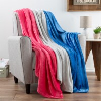 Fleece Throw Blanket- Set of 3- Blue, Gray & Pink Plush 60 x 50 Throw Blankets- Soft & Cozy