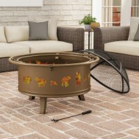 Outdoor Deep Fire Pit- Round Large Steel Bowl with Bear Cutouts, Mesh Spark Screen, Log Poker