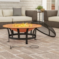 Outdoor Deep Fire Pit- Round Large Copper Colored Steel Bowl, Mesh Spark Screen, Log Poker &