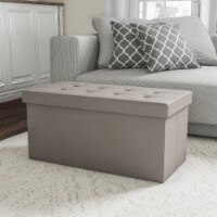 Folding Storage Bench Ottoman Faux Gray Leather- Foam Padded Lid-Removable Bin-Organizer for