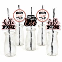 Big Dot of Happiness Rose Gold Happy New Year - Paper Straw Decor - 2023 Striped Straws 24 Ct