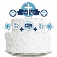Big Dot of Happiness Blue Elegant Cross - Religious Decor Kit God Bless Cake Topper Set 11 Pc