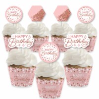 Big Dot of Happiness Pink Rose Gold Birthday - Cupcake Wrappers and Treat Picks Kit - 24 Ct