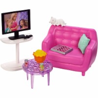 Barbie Indoor Furniture Playset, Living Room Includes Kitten, Furniture and Accessories Perspective: Main
