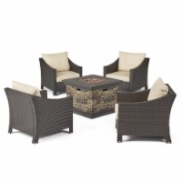 Andrew Outdoor 5 Piece Gray Wicker Chat Set with Stone Finished Fire Pit Beige