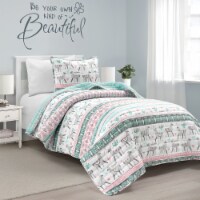Boho Llama Reversible Oversized Quilt Pink/Aqua 2Pc Set Twin