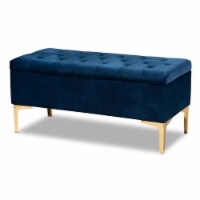Bowery Hill Navy Blue Velvet Gold Button Tufted Storage Ottoman
