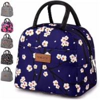 Insulated Lunch Box With Soft Padded Handles - Dark Blue  With White Flowers