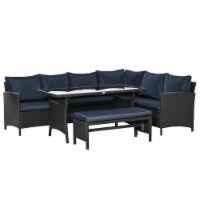 4 Piece PE Rattan Outdoor Patio Conversation Dining Set w/ Table, Sofa & Bench
