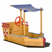 Pirate Ship Sandbox with Cover and Rudder, Wooden Sandbox with Storage Bench