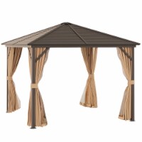 10' x 10' Hardtop Gazebo, Mesh, Curtains, Steel Slat Canopy, Outdoor Light Brown