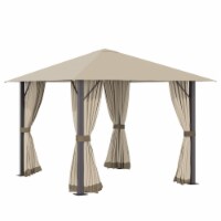 10' x 10' Patio Gazebo Outdoor Canopy Shelter w/ Vented Roof, Curtains Khaki
