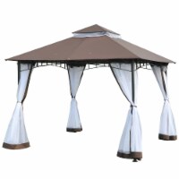 10' x 10' Metal Outdoor Gazebo Canopy w/Mesh Netting & Double-Tier Roof, Coffee