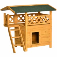 2-Story Cat Shelter Outside Wooden House w/Asphalt Roof Stairs Balcony, Natural