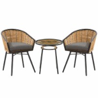 3pcs Patio Bistro Set Rattan Wicker Furniture, 2 Chairs, Coffee Table, Dark Grey