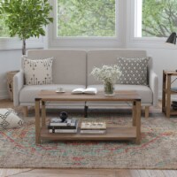 Wyatt Modern Farmhouse Wooden 2 Tier Coffee Table with Black Metal Corner Accents and Cros