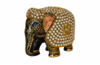 Cottage Handicraft Handcrafted Pearl Embellished Elephant | Vintage Elephant Wooden Sculpture