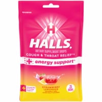HALLS Strawberry Lemonade Cough & Throat Relief + Energy Support Drops Perspective: Main