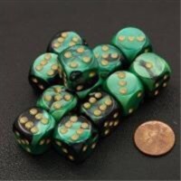 Chessex Manufacturing 26639 D6 Cube Gemini Set Of 12 Dice- 16 mm - Black & Green With Gold Nu