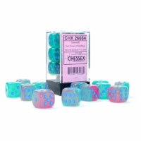 Chessex Manufacturing CHX26664 16 mm D6 Cube Gemini Luminary Gel Green & Pink Dice with Blue