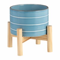6  Striped Planter W/ Wood Stand, Skyblue