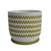 Cer, 8  Zigzag Planter W/ Saucer, Olive