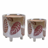 Cer, S/2 Footed Planters 9/6 , Embossed Leaves, Gl