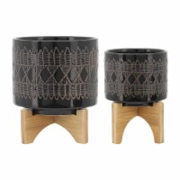 Cer  S/2 5/8  Aztec Planter On Wooden Stand  Black