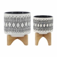 Cer  S/2 5/8  Aztec Planter On Wooden Stand  Gray