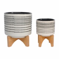 Cer, S/2 5/8  Aztec Planter W/ Wood Stand, Gray