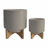 Cer  S/2 8/10   Planter W/ Wood Stand  Matte Beige