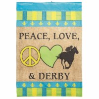 Magnolia Gardens M011401 13 x 18 in. Double Applique Peace Love & Derby Burlap Garden Flag